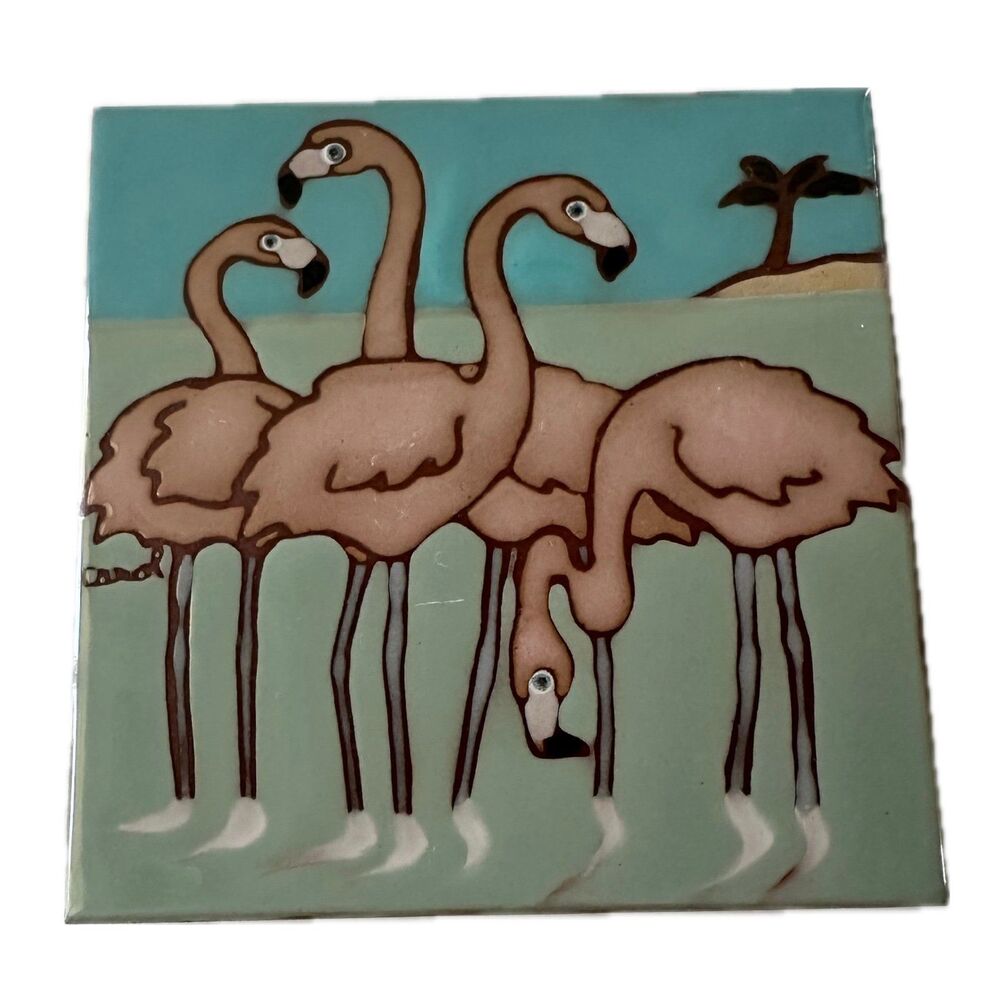 Frog Hallow Tile Design Glazed Four Pink Flamingos Hand Painted Originals Signed